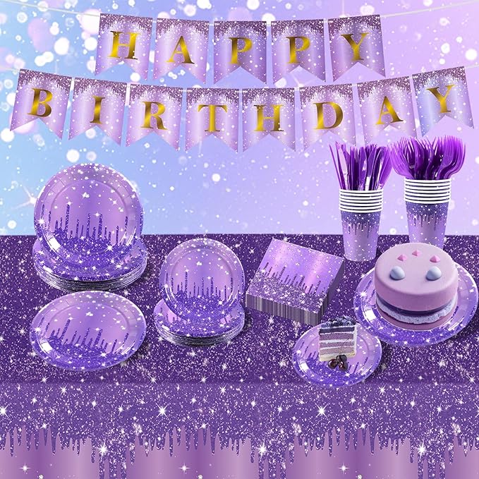 182PCS Purple and Silver Birthday Party Decorations,Purple Theme Party Plates and Napkins Disposable Tableware Set for Girls Ladies Women Wedding Favors,Serves 30 Guests
