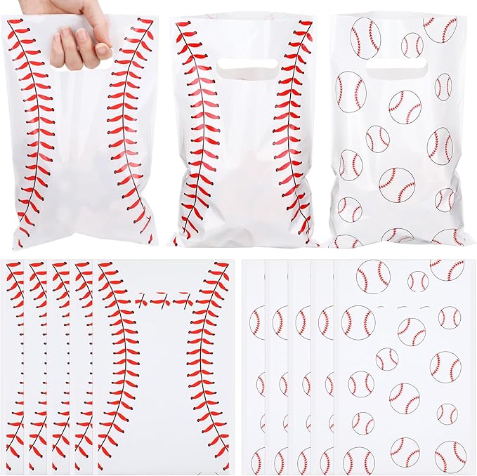 Frienda 100 Pcs Baseball Treat Bags with Handles, White Plastic Baseball Party Favors Bag Baseballs Snacks Bags for Candy Small Gifts, Team Events Birthday and Sports Celebrations Decorations
