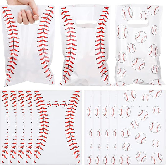 Frienda 100 Pcs Baseball Treat Bags with Handles, White Plastic Baseball Party Favors Bag Baseballs Snacks Bags for Candy Small Gifts, Team Events Birthday and Sports Celebrations Decorations