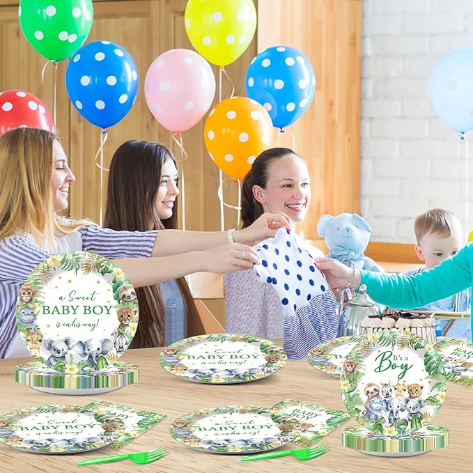 96Pcs Safari Jungle Baby Shower Party Supplies Green Wild Animals Baby Boy Paper Plates Napkins Baby Shower Party Decorations Safari Jungle Dinnerware Party Favor Wild One Tableware Serves 24