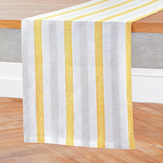 Solino Home Linen Table Runner 108 Inches Long - Sorrento Stripe, 100% Pure Linen Yellow and Grey Table Runner 14 x 108 Inch for Dining