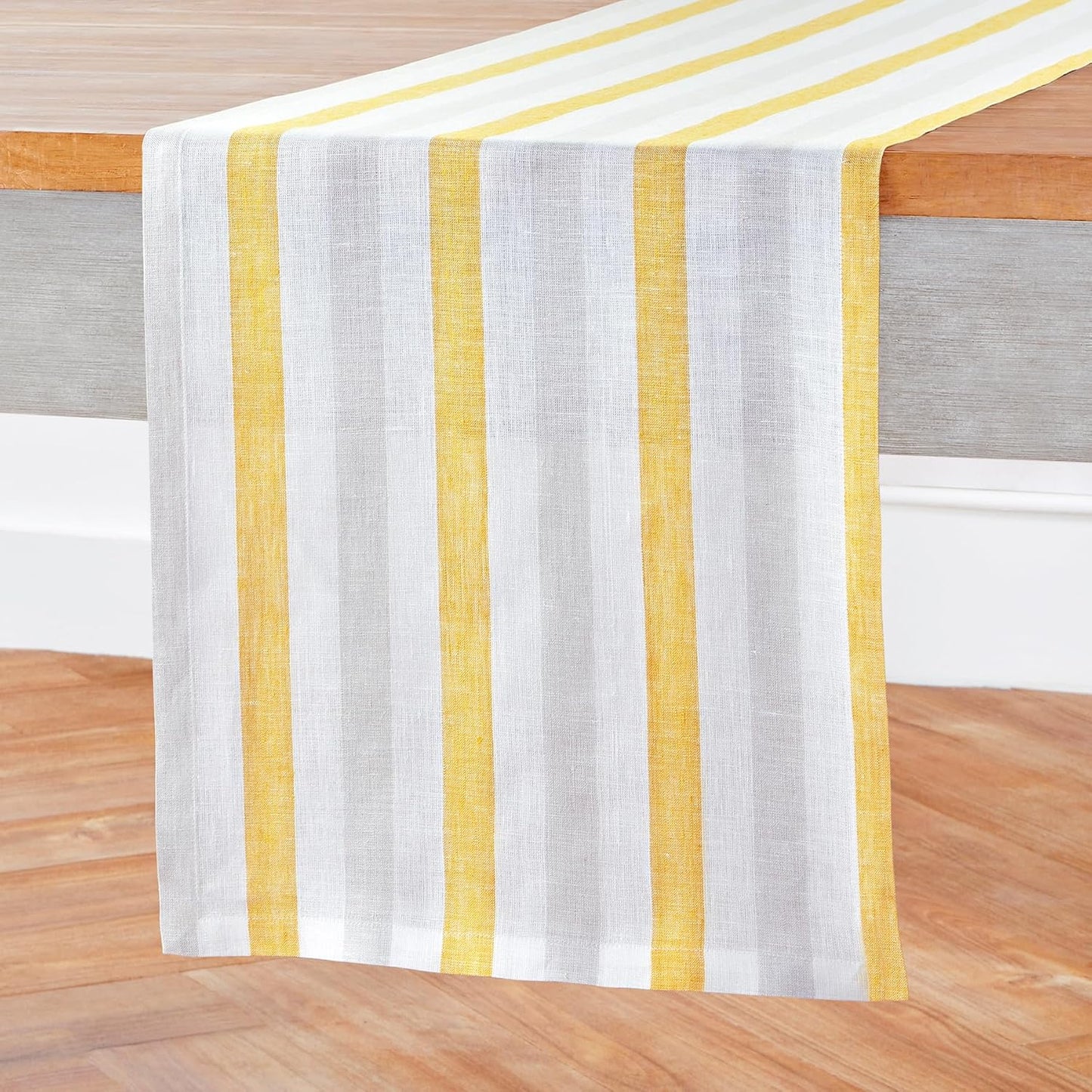 Solino Home Linen Table Runner 72 Inches Long - Sorrento Stripe, 100% Pure Linen Yellow and Grey Table Runner 14 x 72 Inch for Dining, Dresser