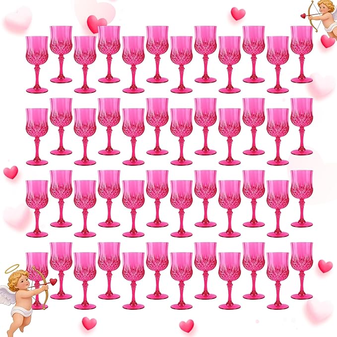 Plastic Wine Glasses, Plastic Goblets Vintage Style Cordial Unbreakable Drinking Glasses, Reusable Drinkware for Wedding Reception, Grand Event Party Supplies, Easter (48, Hot Pink)