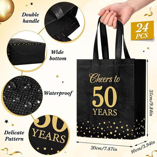 Supervitae 24 Cheers to 50 Years Gift Party Bags Medium Black and Gold Party Decoration Supplies Reusable Non Woven Totes for Birthday Anniversary Wedding Favor(9.8" x 7.9" x 3.9")