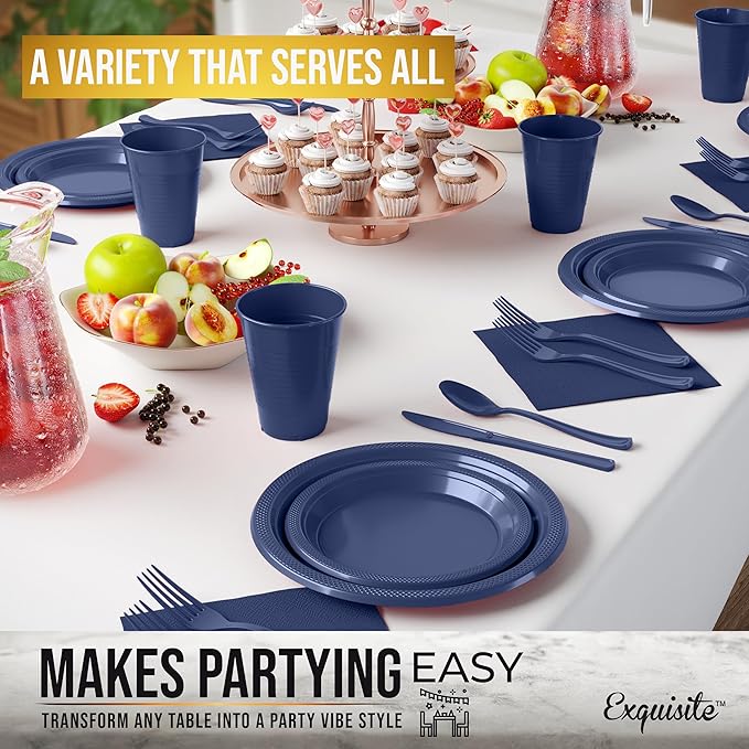 350 Pcs Navy Plastic Plates For Party, Navy Disposable Plates Set, 50 Of Each 9" Dinner Plate Set, 7" Dessert Plate, Cups, Napkins & Cutlery Plastic Dinnerware Exquisite