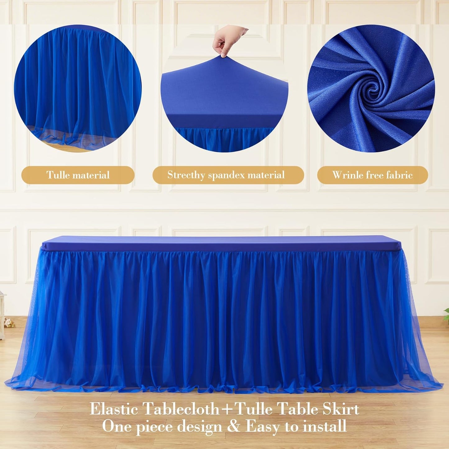 2 Pack 6ft Royal Blue Tulle Tablecloths for Rectangle Tables 6 Foot Rectangular Table Cloth Wrinkle Free Table Cover with Tutu Skirt for Baby Shower Wedding Birthday Party Banquet Buffet Cake
