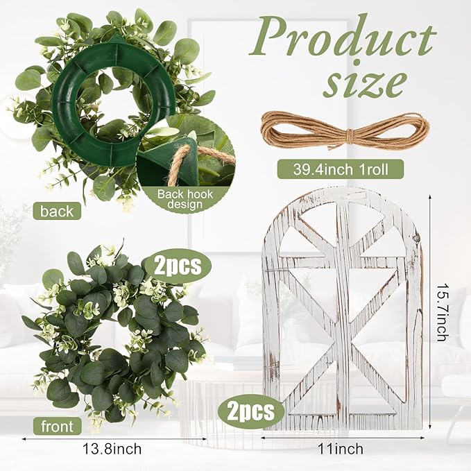 4 Sets 67 Pcs Farmhouse Wall Decor Set Rustic Window Frame Wall Decor with Eucalyptus Wreath and Metal Walls Planters Vintage Farmhouse Walls Art for Living Room Entryway(Arched)
