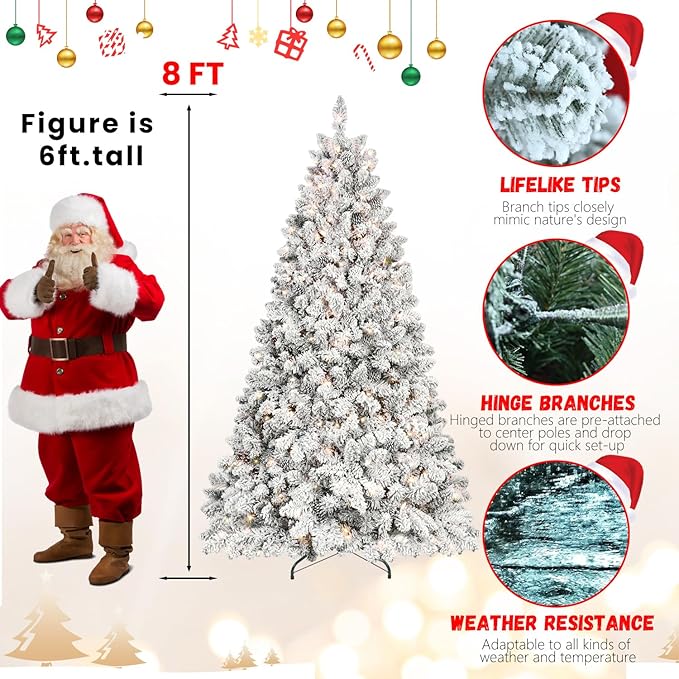 8FT Prelit Flocked Christmas Tree with 700 Lights & 1754 Branch Tips, Pre Lit Hinged Xmas Tree with Memory Wire Technology, Premium Artificial Christmas Tree with Pine Cone for Holiday Decoration