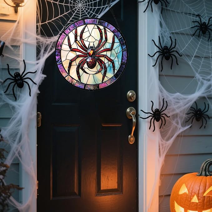 Stained Glass Window Hanging - Halloween Decorations Red Spider Goth Suncatcher for Doors Garden Indoor Funny Spooky Sun Catchers Gothic Decor Horror Gifts for Women Men Friend 7.8 in