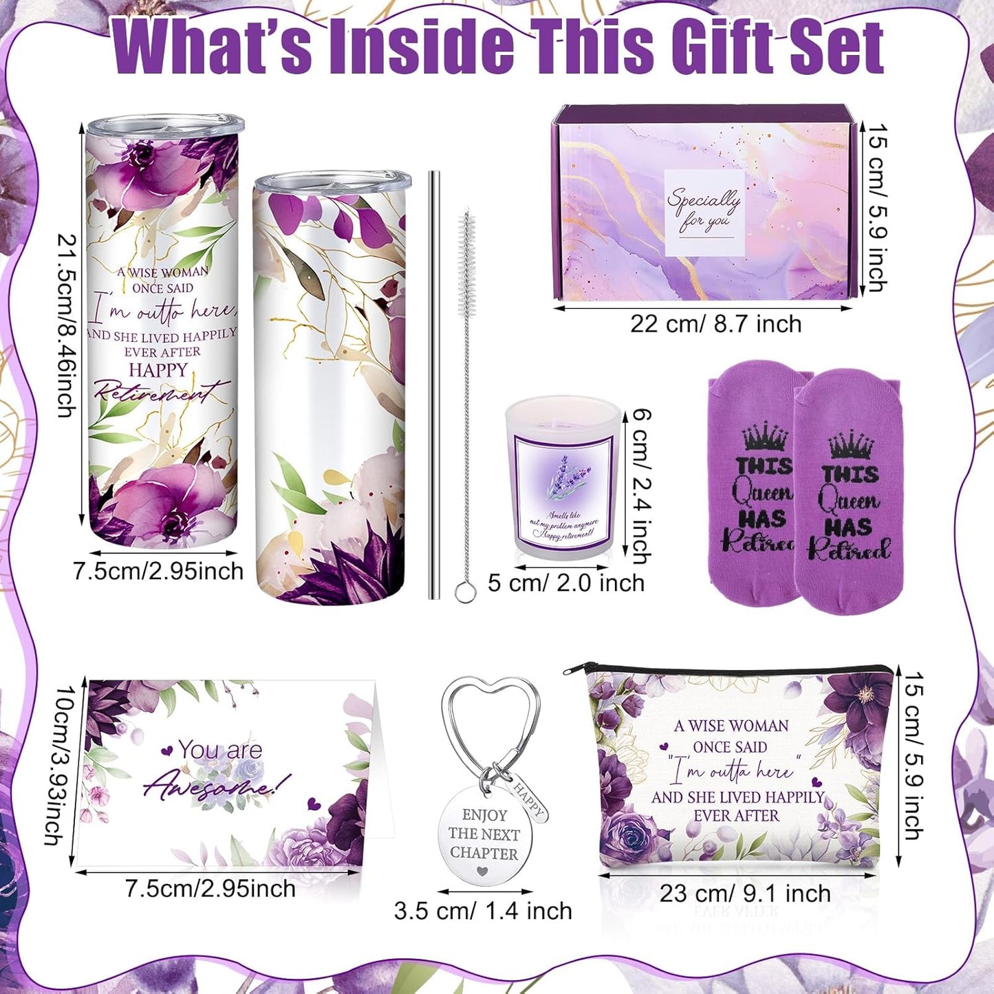 Bokon 7 Pcs Retirement Gift for Women 2025, Retirement Party Decorations, Gift Box for Coworker Teacher Mom Nurse Boss Friend with 20oz Tumbler Canvas Tote Bag(Purple)