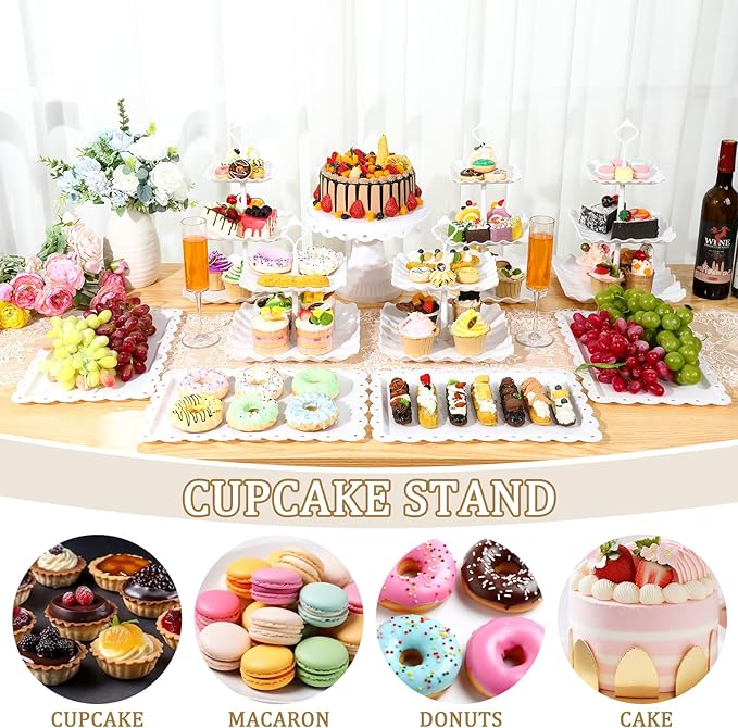 Willinglong 12 Pcs Dessert Cupcake Stand Holder, Cake Table Display Set Include 5 Cupcake Stand Tiered Tower 1 Cake Holder 6 Serving Tray Combo for Tea Party Birthday Baby Shower Wedding(White,White)