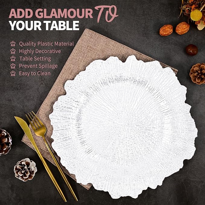 50 Pcs White Charger Plates Bulk 13 Inch Plastic Charger Plates for Dinner Plate, White Chargers for Table Setting, Reef Design Plate Floral Decorative Round Chargers for Wedding Party, Event