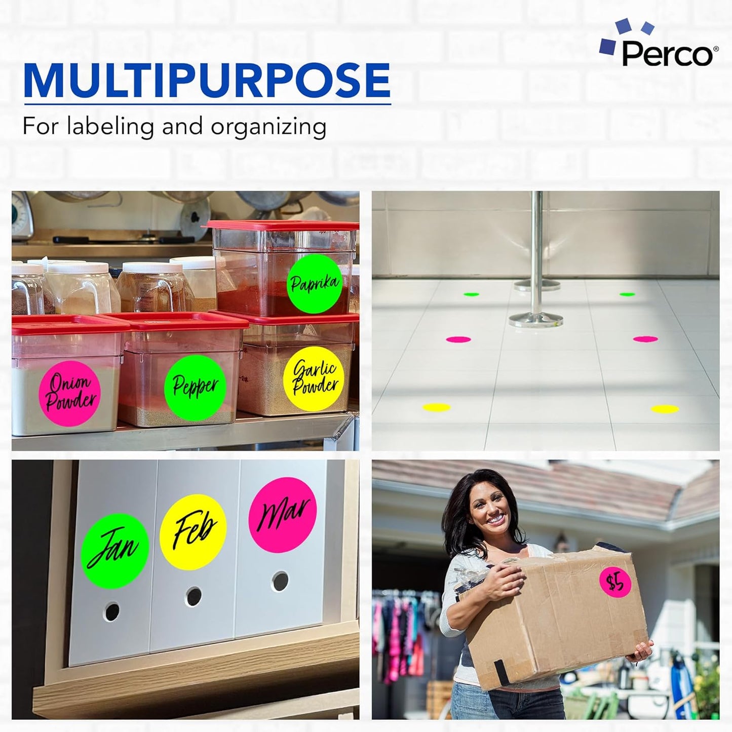 Perco 4-Inch Perforated Circle Dot Sticker Labels — 3 Rolls, 1,200 Round Fluorescent Stickers (1 Green, 1 Yellow, 1 Pink) — with Permanent Adhesive for Event Signage, Safety Warnings — Made in USA