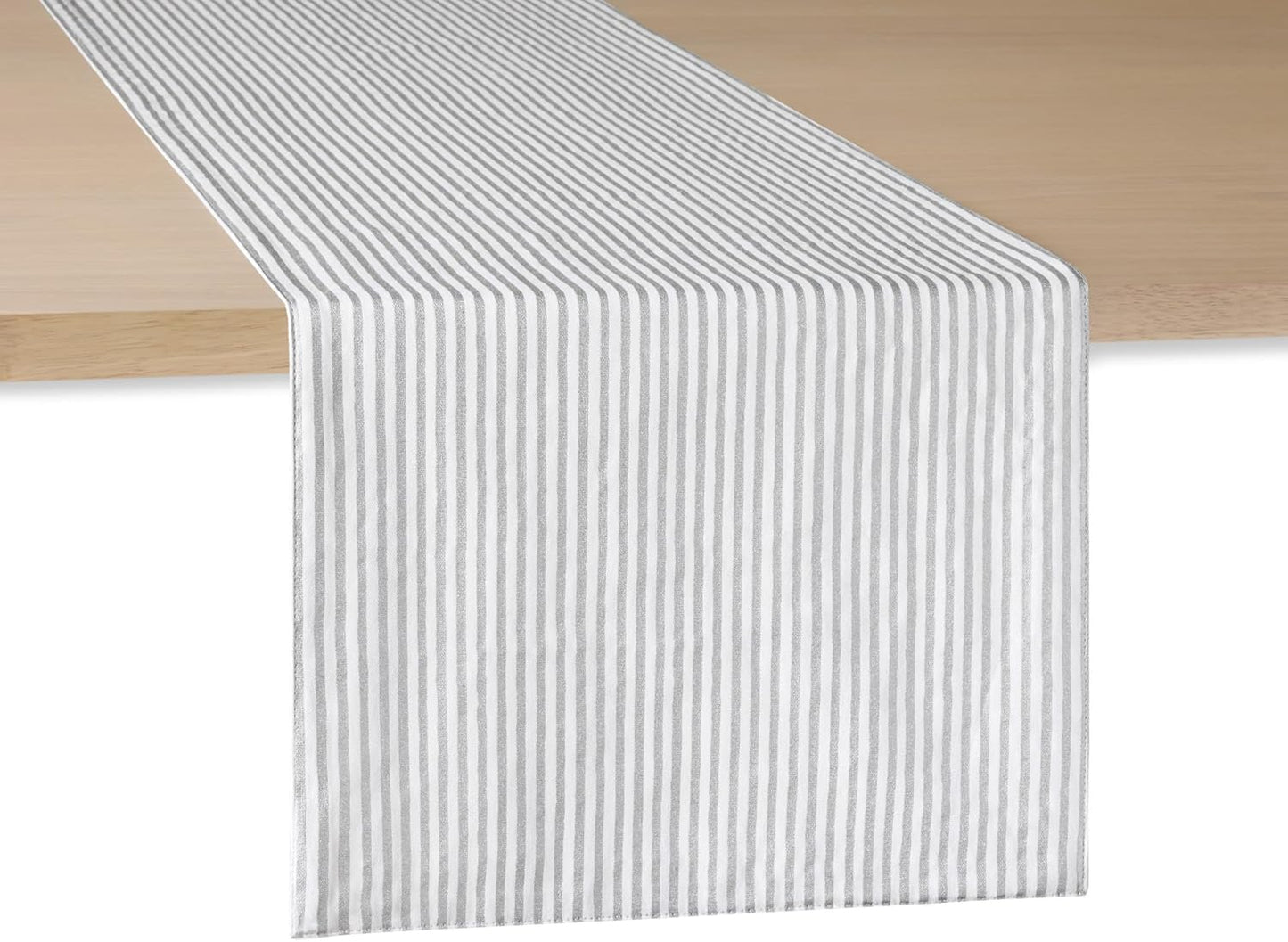 kate spade new york Hand Painted Shirting Stripe Reversible Table Runner, 100% Cotton with Metallic Print, Silver/White, 15"x72"