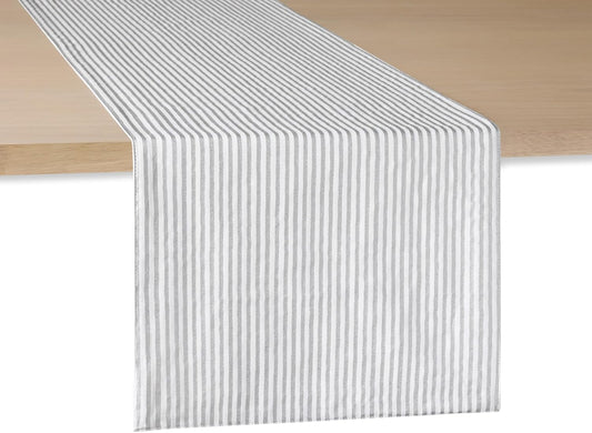 kate spade new york Hand Painted Shirting Stripe Reversible Table Runner, 100% Cotton with Metallic Print, Silver/White, 15"x72"