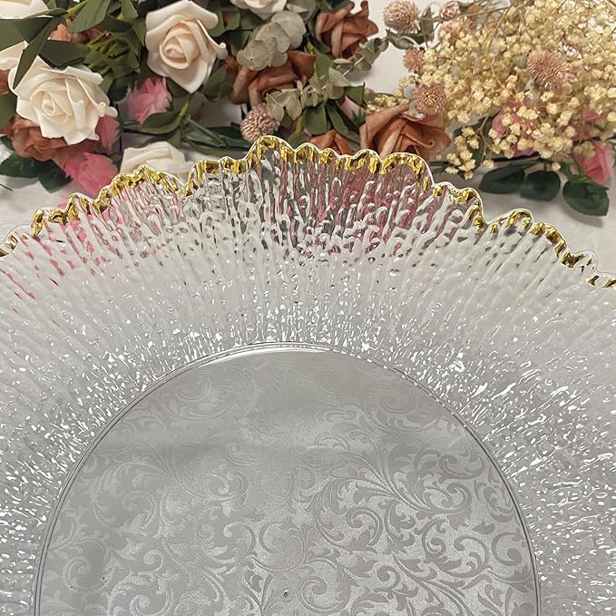 13inch Clear Acrylic Gold Rim Charger Plates,Set of 8, Gold Reef Textured Rim Charger Plates for Dinner,Wedding,Party,Event Decoration.