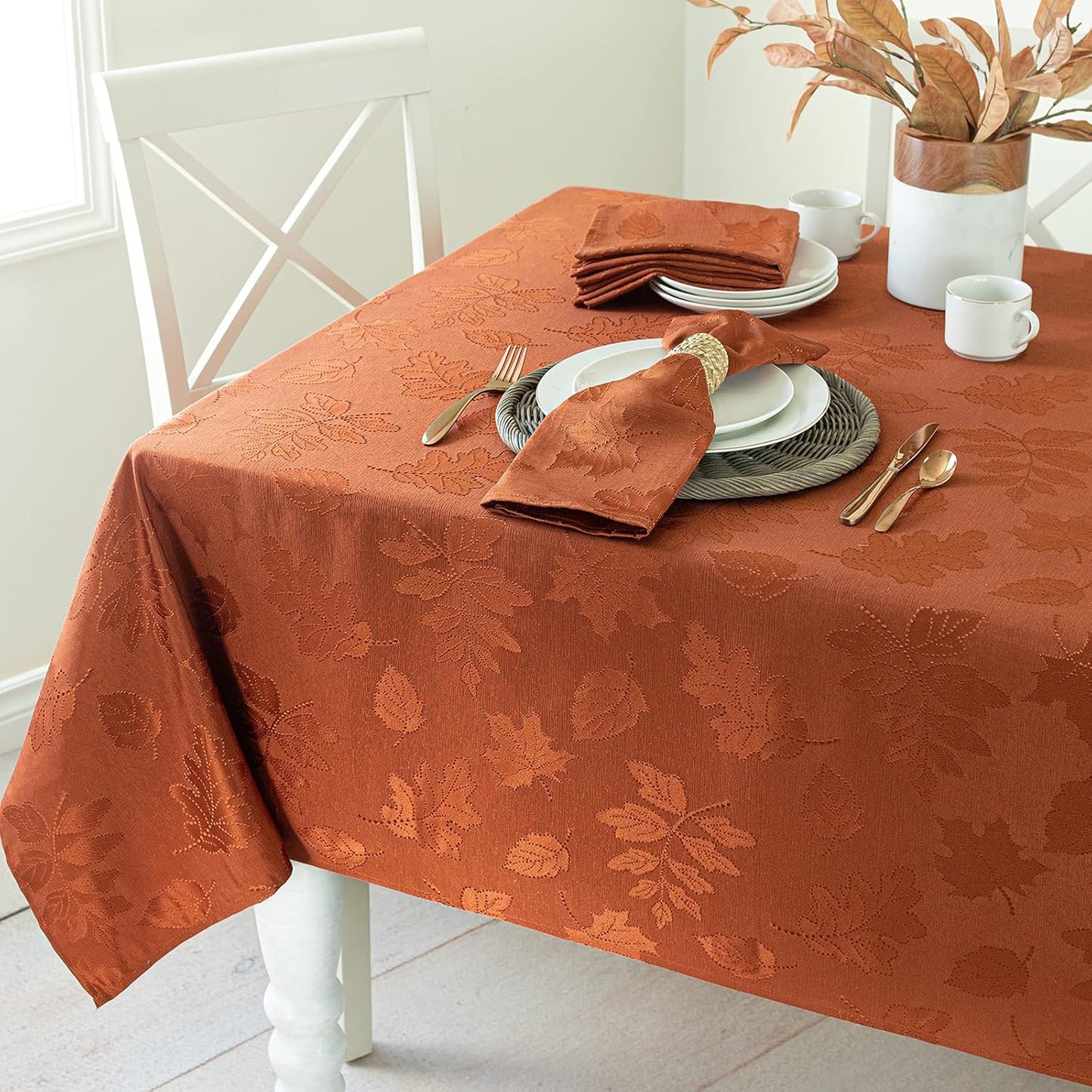 Benson Mills Harvest Legacy Damask Fabric Table Cloth Fall, Harvest, and Thanksgiving Tablecloth (Rust/Burnt Orange, 52" x 70" Rectangular)