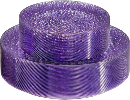 Rubtlamp 60PCS Purple Plastic Plates, Purple Disposable Party Plates, Heavy Duty Plastic With Hammered, Fancy Disposable Platos Include 30 Dinner Plate, 30 Cake Plate For Parties Wedding