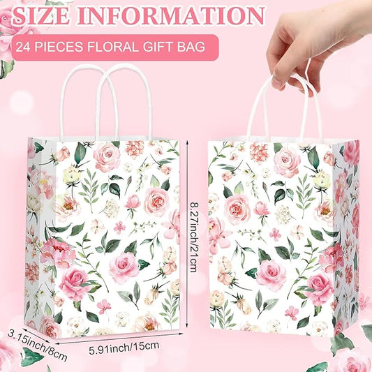 Marspark 24 Pcs Pink Wedding Flowers Paper Gift Bags for Bridal Baby Shower Engagement Birthday Party Supplies Roses Treat Bag with Handles Candy Goodie Bags for Guests, 8.3'' x 5.9'' x 3.1''(Rose)