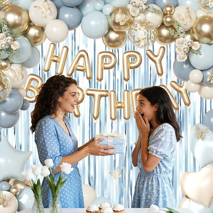 Blue Birthday Decorations, Dusty Light blue Sand White Gold Confetti Foil Balloons Happy Birthday Banner Gold Butterfly Fringe Curtains, Dusty Blue Birthday Decorations for Girls Women
