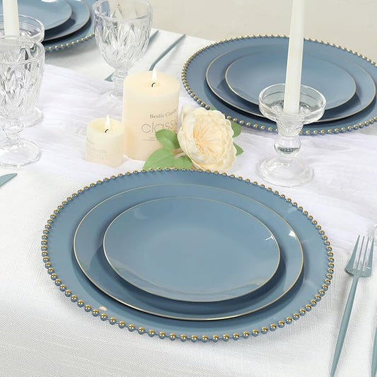 Efavormart 10-Pack Economy Plastic Charger Plates 13" Round Dusty Blue with Gold Beaded Rim - Stylish Dinner Party Serving Plates