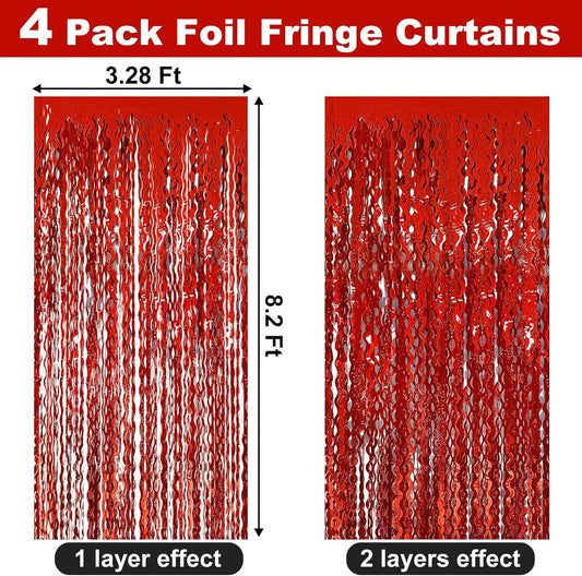 4 Pack Red Fringe Curtain Backdrop 3.2Ft x 8.2Ft Metallic Tinsel Foil Fringe Streamers Background for Photo Booth, Easter, Mother's Day, Bachelorette, Wedding, Birthday Party Decoration
