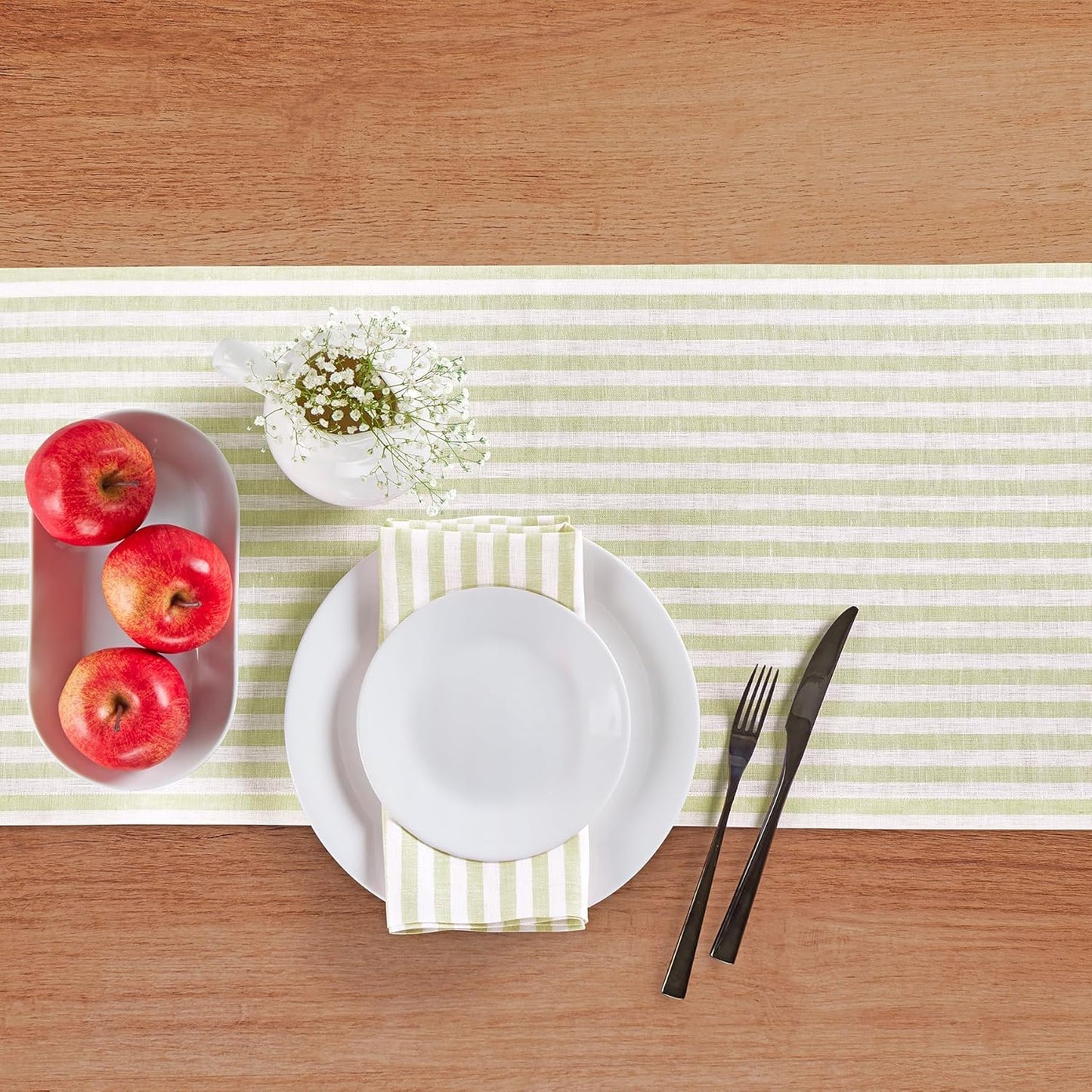 Solino Home Striped Linen Table Runner 60 Inches - Amalfi Stripe, 100% Pure Linen Sage and White Small Table Runner 14 x 60 Inch Ideal for Dresser and Coffee Tables - Fall, Thanksgiving, Christmas