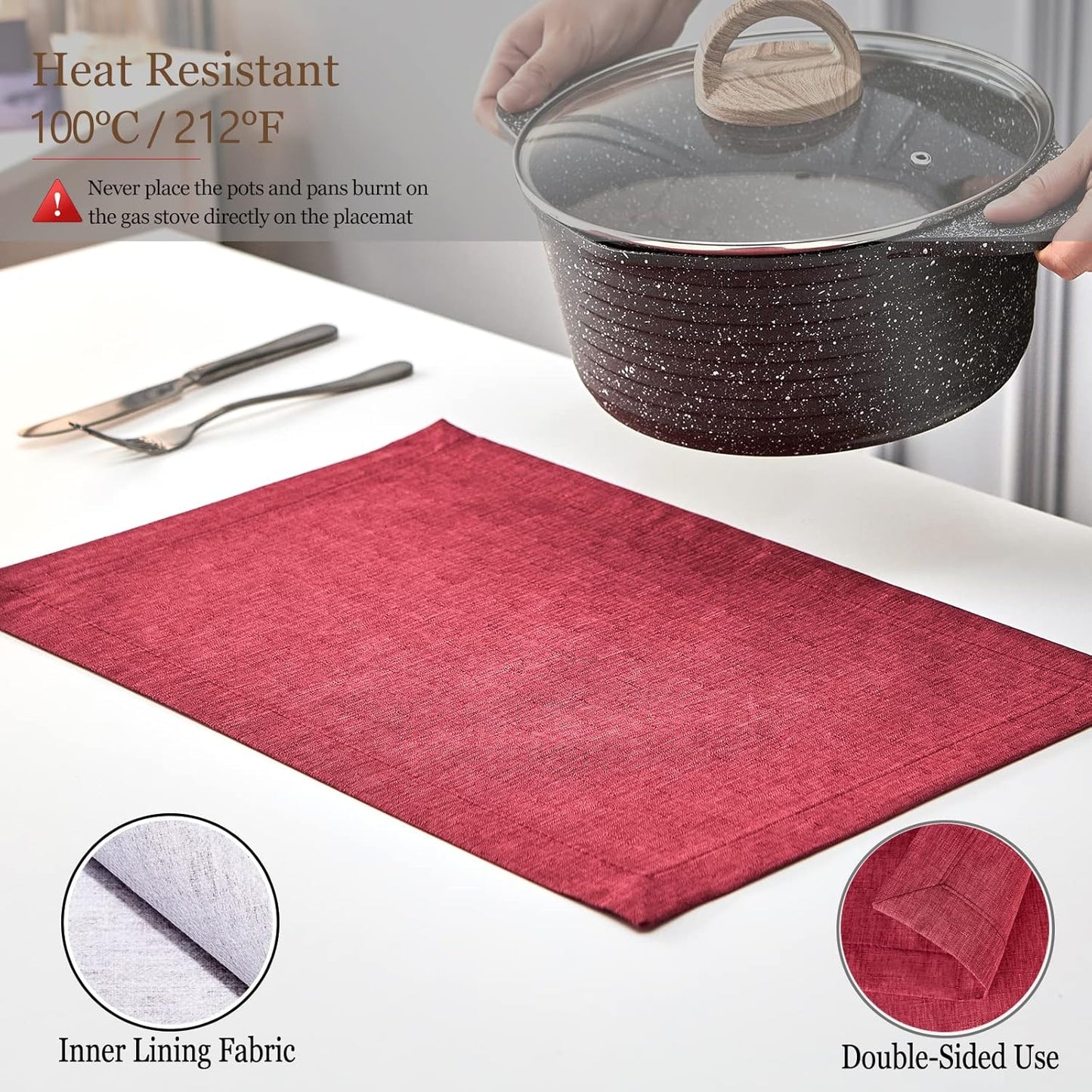 Mebakuk Cloth Placemats, Machine Washable Linen Style Thick Place Mats, Heat Resistant and Easy to Clean Fabric Table Mats for Kitchen Dining Table (Wine Red, Set of 6)