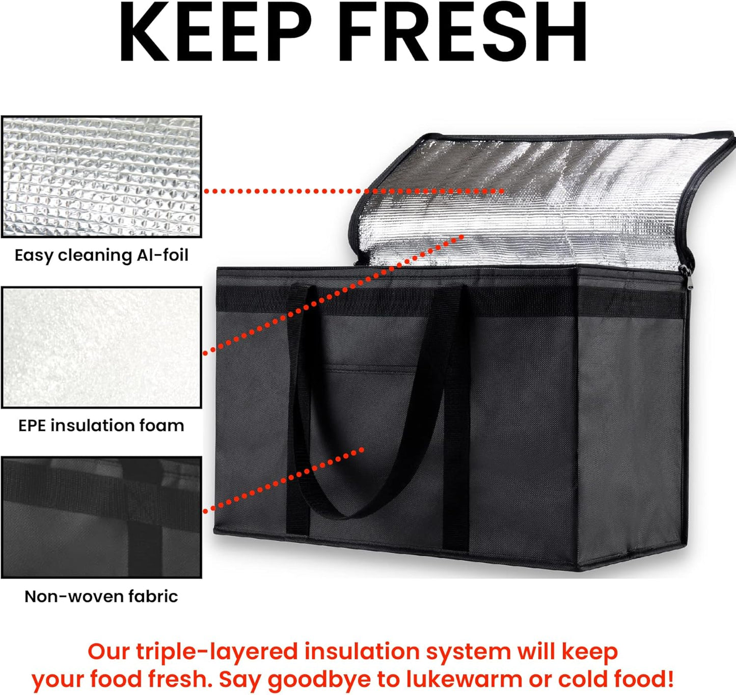 XXL Insulated Cooler Bag and Food Warmer for Delivery & Grocery Shopping with Zippered Top, Gray (1 Pack)
