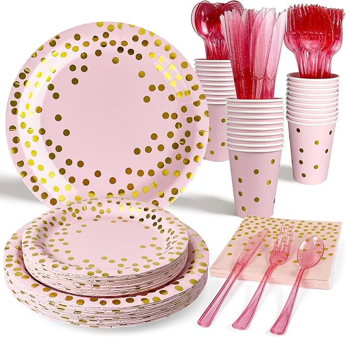 Holiday Paper Plates Disposable w/Napkins Cups & Cutlery, 25 Serves Dinner Plates Sets, Heavy Duty Party Plates Disposable Supplies for Family, Winter Party,Baby Shower, Birthday, Wedding