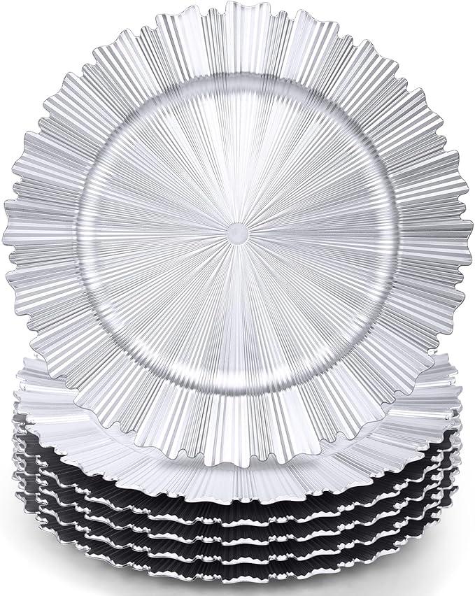 6 Pcs Silver Charger Plates,13 Inch Elegant Fluted Edge Plastic Charger Plates Reusable Table Chargers for Dinner Birthday Wedding Party Bridal Showers Tableware Dishes Luxury Decor