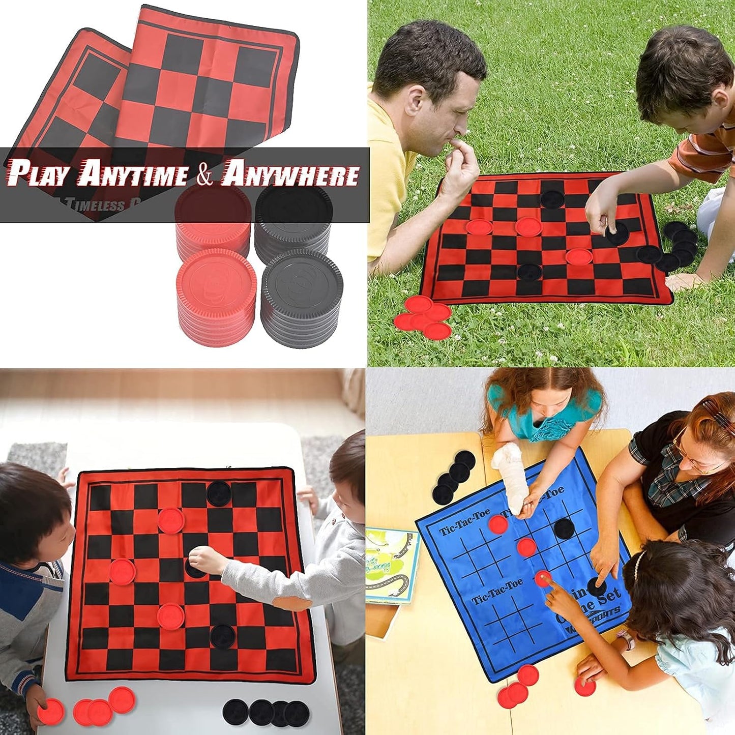 3 in 1 Giant Checkers Game Set,Super Tic Tac Toe,Including Reversible Rug with 24 Checkers,Indoor and Outdoor Activity for Kids or Adults,Board Game,Yard Game