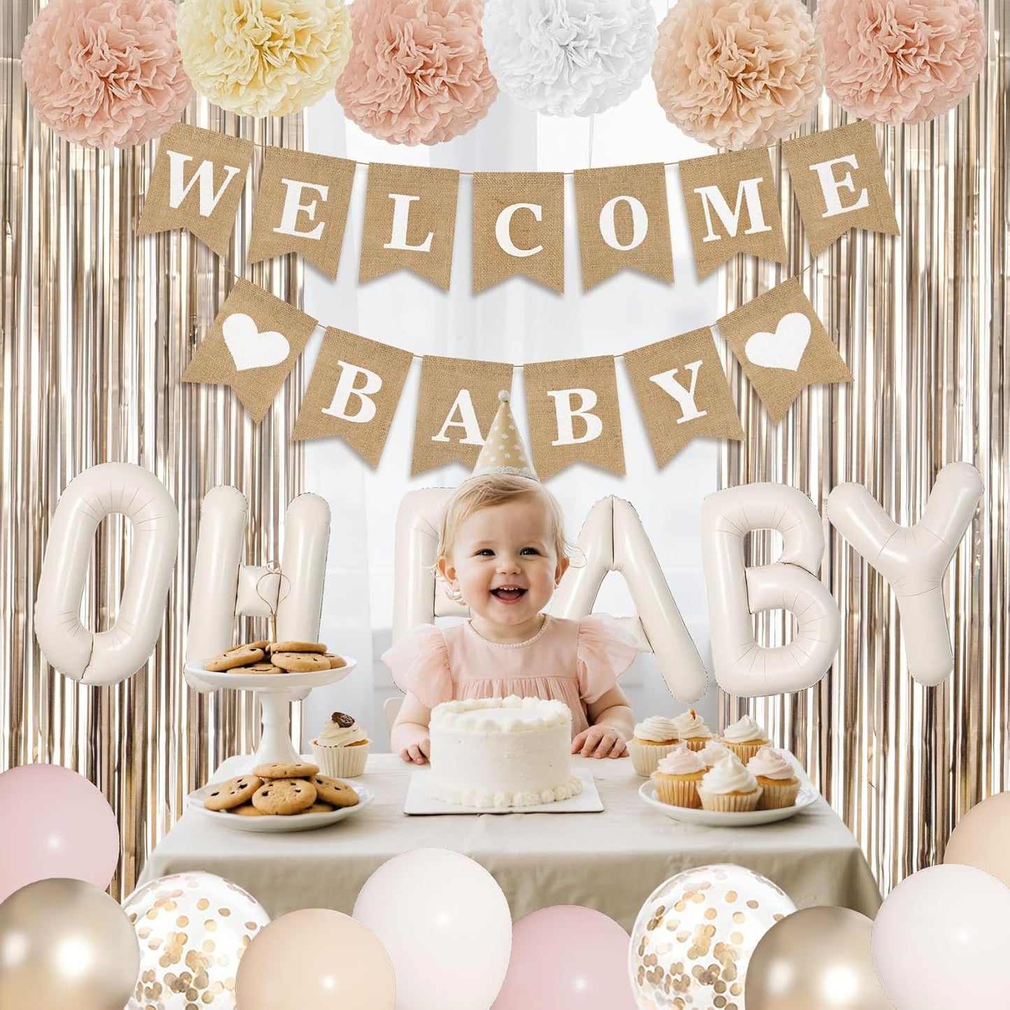 Ouddy Party Champagne Gold Boho Baby Shower Decorations for Girl with Welcome Baby Banner Dusty Pink White Nude Foil Balloons Fringe Curtain Paper Pom Poms for Baby Shower Gender Reveal Party Supplies