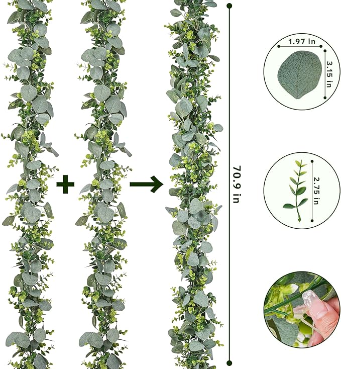 BonBloom's 4 Pack Artificial Eucalyptus Garland, 5.9ft Faux Silver Dollar Eucalyptus Greenery Garland Vines Fake Spring Garlands for Centerpieces Table Wedding Backdrop Arch Wall Party Mantle Decor