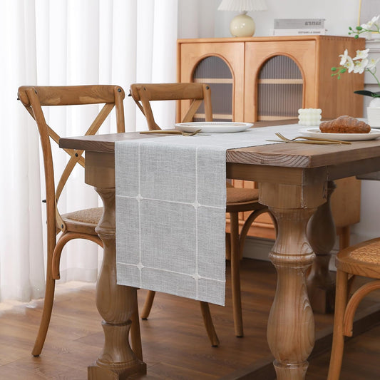 Gernaice Boho Table Runner, Modern Plaid Cotton Linen Farmhouse Table Runners for Holiday Wedding Dining Living Room Bedroom Home Decor, 72" L X 13" W Grey