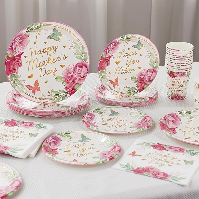 Mothers Day Decorations Happy Mother's Day Party Supplies Set for 24-Disposable Paper Plates, Napkins, Cups, Mother's Day Celebration Party Decor for Outside, Picnic