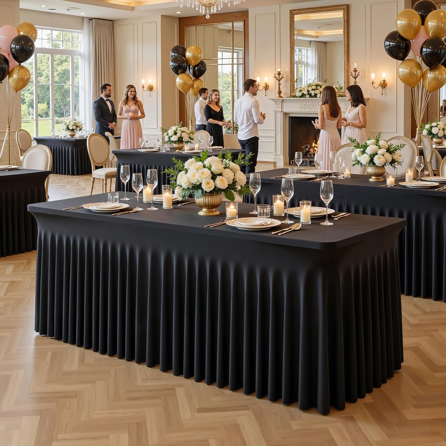 Besutolife Black Spandex Tablecloth with Skirt for 6ft Rectangle Tables - Wrinkle-Resistant, Stretchable, Machine Washable - Perfect for Weddings Banquets Birthday Parties Events
