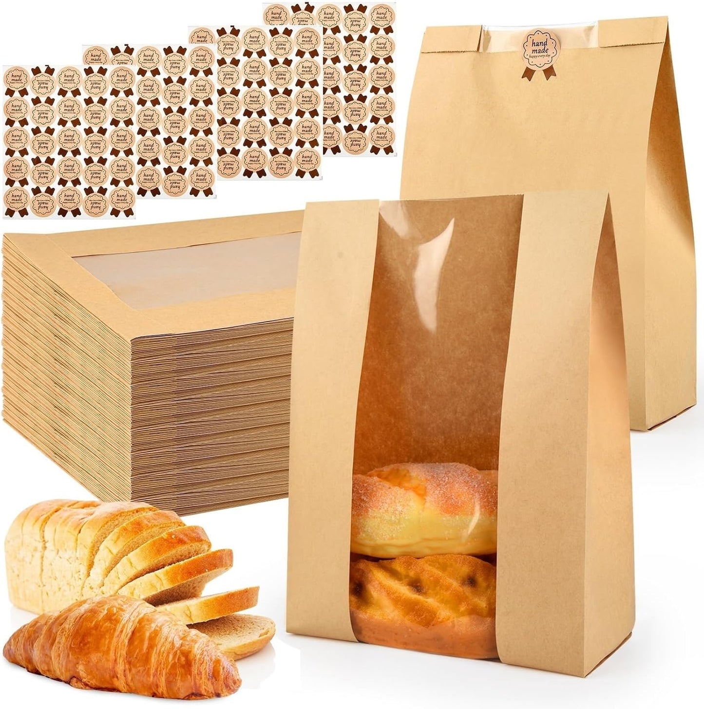 80 Pcs Bread Bags for Homemade, ROOKEA Sourdough Bread Bags with Window for Baked Paper Packaging with Sealing Stickers Bakery Cookie Food Snack Storage Large Kraft Paper 13.7x8.2x3.5 inch