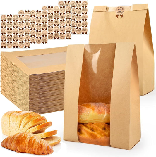 80 Pcs Bread Bags for Homemade, ROOKEA Sourdough Bread Bags with Window for Baked Paper Packaging with Sealing Stickers Bakery Cookie Food Snack Storage Large Kraft Paper 13.7x8.2x3.5 inch