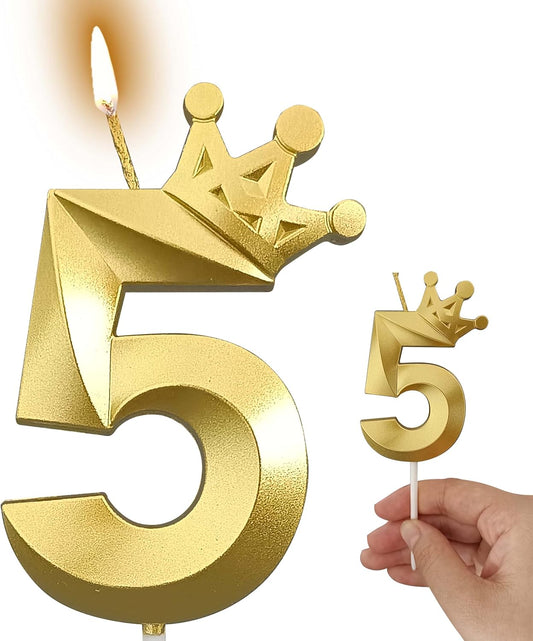 The Number 5 Gold Birthday Candles for Cake is Beautiful Number Candles for 5th Birthday Decorations for Boys and Girls (Gold-5, Crown)