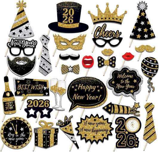 New Years Eve Photo Booth Props 2026, 30 Pcs Black Gold and Silver Funny New Years Eve Party Photo Booth Props for Happy New Year 2026 Party Decorations