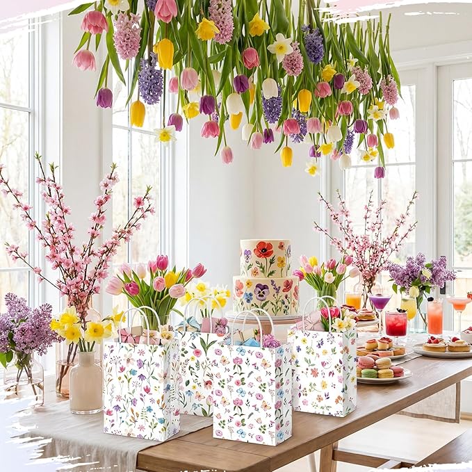 Gilprop 24 Pcs Wildflower Paper Gift Bags Spring Floral Candy Goodie Treat Bags Easter Flower Party Favor Bag with Handle for Mother's Day Birthday Party Bridal Shower Wedding Gift Wrapping Supplies