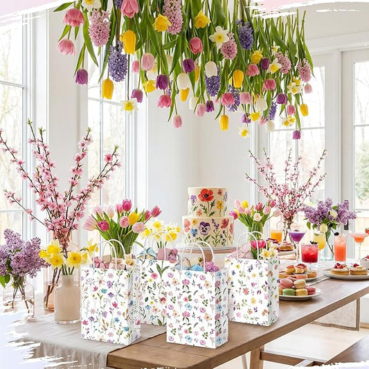Gilprop 24 Pcs Wildflower Paper Gift Bags Spring Floral Candy Goodie Treat Bags Easter Flower Party Favor Bag with Handle for Mother's Day Birthday Party Bridal Shower Wedding Gift Wrapping Supplies