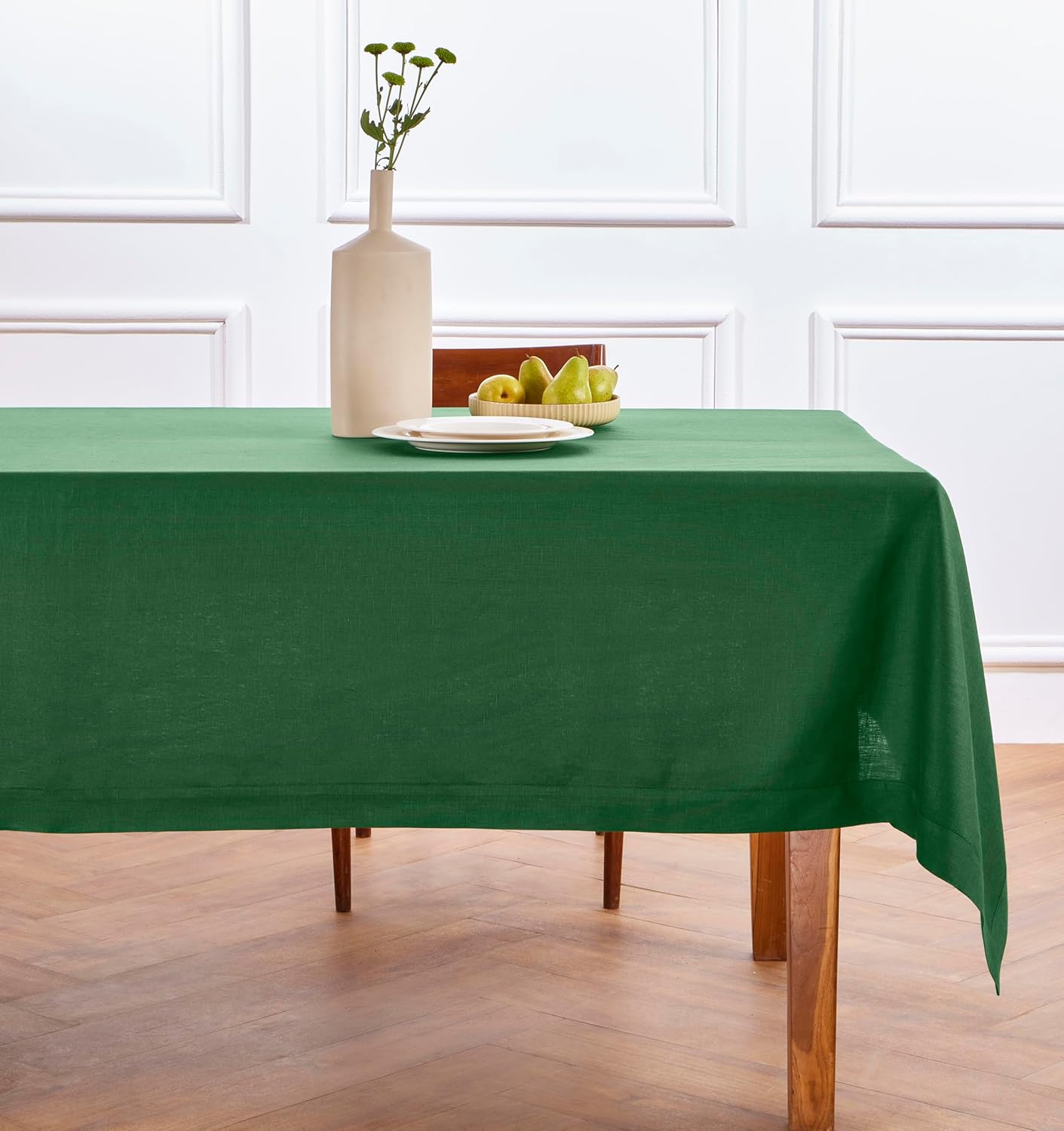 Solino Home Linen Tablecloth for Rectangle Tables 60 x 108 Inch - 100% Pure Linen Pine Green Table Cloth - Fete, Machine Washable Cloth Tablecloth for Fall, Autumn, Thanksgiving, Christmas