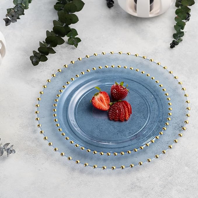 PLASTICPRO 128 Piece Combo Plastic Dinner Plates Disposable Plastic Fancy Heavy Duty Party Dishes 7 inch and 10 inch, Translucent Blue and Gold Beaded