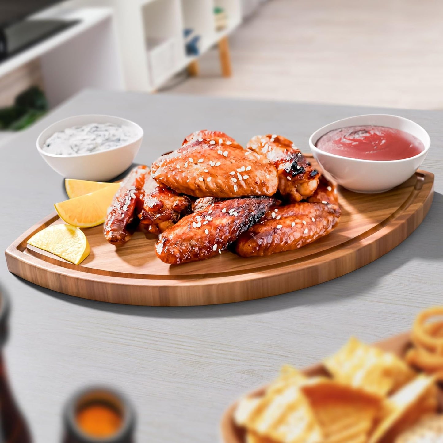 New – Football Shaped Cutting Board – Acacia Wood Charcuterie Tray – Wooden Football Serving Platter for Super Bowl Parties, Tailgate Hosting & Gifts