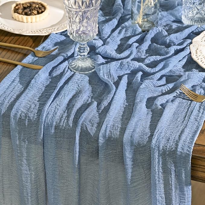 Artoid Mode Boho Cheesecloth Gauze Smoky Blue Wedding Table Runner, 120 Inch Seasonal Fabric Kitchen Dining Holiday Table Decor for Home Party Indoor