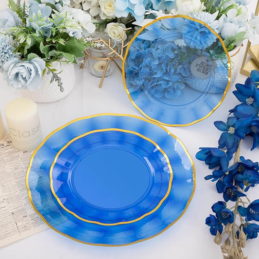 supernal 60pcs Blue Plastic Plates,Fancy Scalloped Plates Disposable Heavy Duty, Decorative Plate Wedding Disposable Dinnerware Include 30 Dessert & Dinner Plastic Plate for Party and Birthday