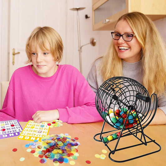 Yuanhe Deluxe Bingo Game Set - Includes 8" Metal Rotar Cage with Big Storage Bag,1000 Colorful Chips,100 Bingo Cards,75 Colored Balls and Masterboard, Great for Large Groups