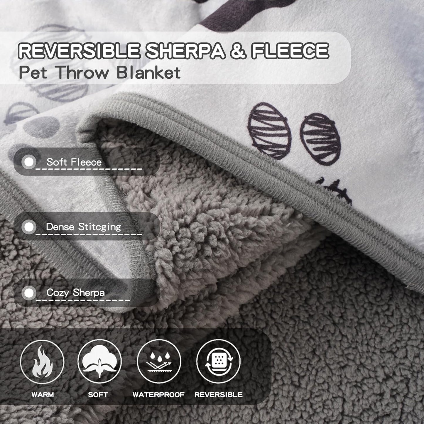 Waterproof Dog Blankets Pet Blanket 60"x80", Soft Fluffy Sofa Car Bed Protector, Reversible Sherpa Fleece Dog Blanket for Large Dogs (Light Grey-Paws)